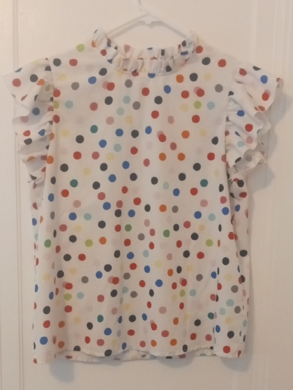women large white top multicolor polka dots, short sleeve